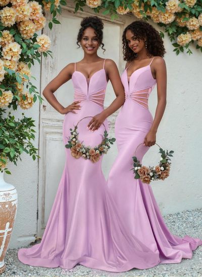 Trumpet/Mermaid V-Neck Sleeveless Sweep Train Jersey Bridesmaid Dresses