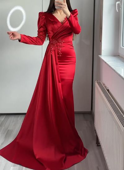 Sheath/Column V-Neck Long Sleeves Satin Evening Dresses With Appliques Lace