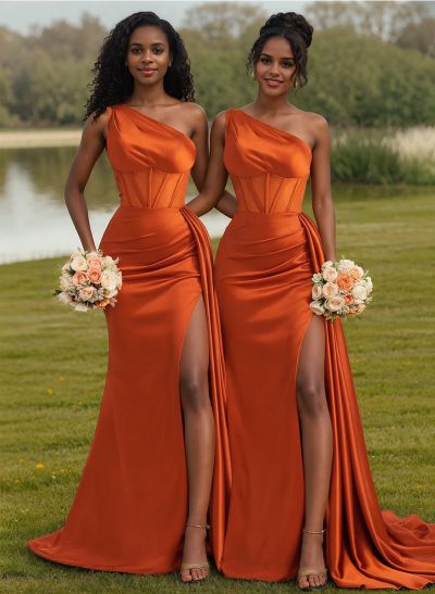 Trumpet/Mermaid One-Shoulder Silk Like Satin Bridesmaid Dresses With High Split