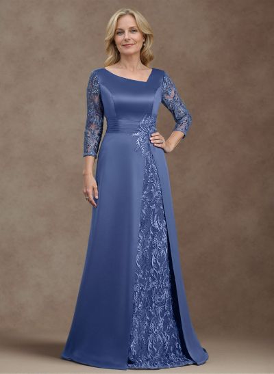 A-Line 3/4 Sleeves Satin Mother Of The Bride Dresses With Appliques Lace