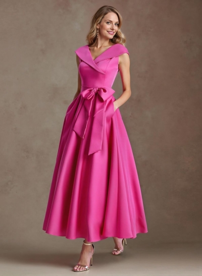 Modest V-Neck Cap Straps Bow Accented Satin Mother Of The Bride Dresses