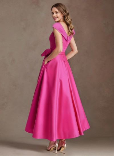 Modest V-Neck Cap Straps Bow Accented Satin Mother Of The Bride Dresses