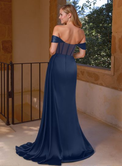 Flattering Illusion Corset Off-The-Shoulder Bridesmaid Dresses With Sweeping Side Drape