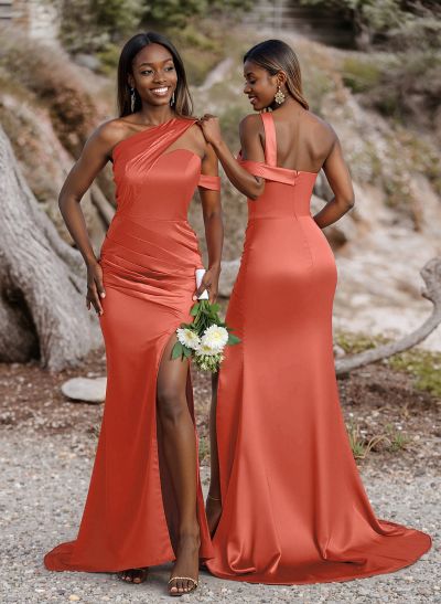 Unique Asymmetrical Neck Ruched Fit And Flare Bridesmaid Dresses With High Split