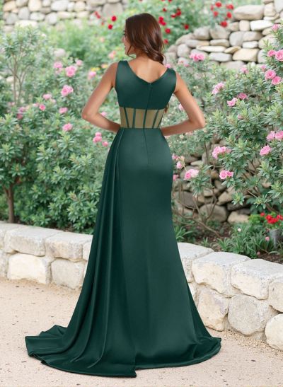 Simple V-Neck Illusion Corset Bridesmaid Dresses With Sweeping Side Drape