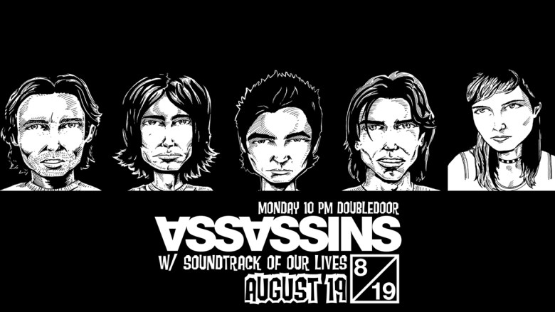 a show poster for Assassins with a black background and stark white illustrations of the five members' faces in a neat row