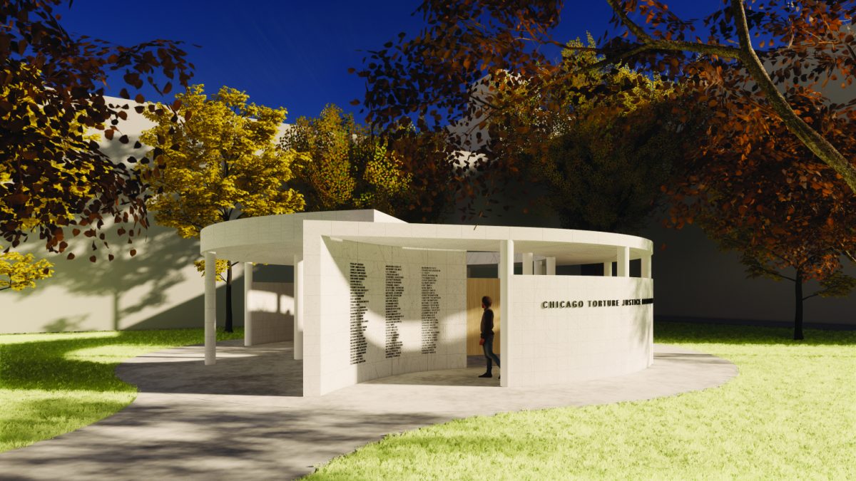 Artist's rendering of the proposed Chicago Torture Justice Memorial, featuring a covered curved white wall with the names of victims in a green park setting.