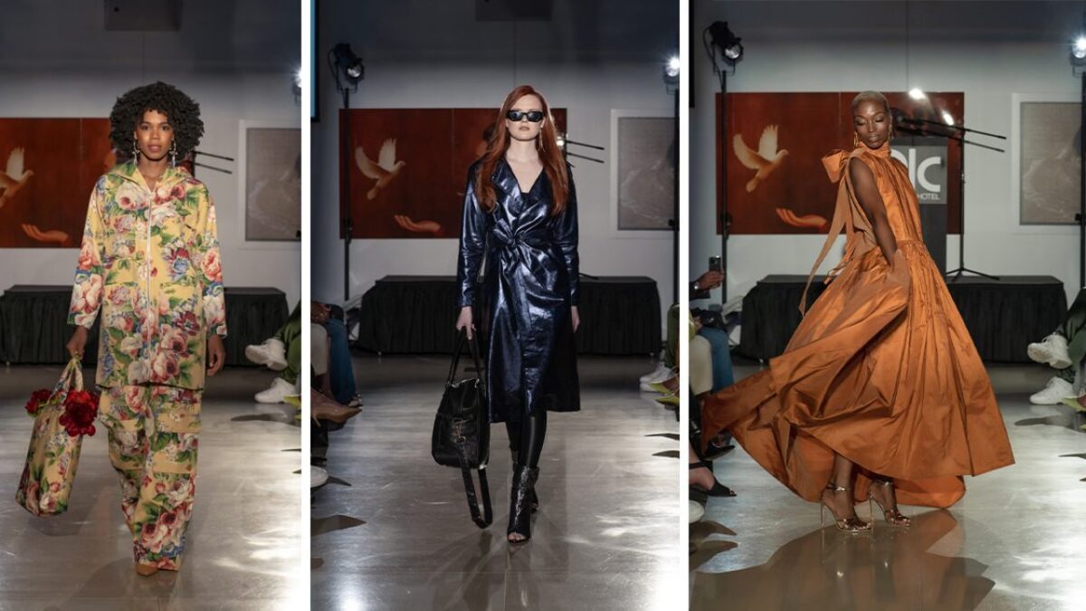 a triptych of photos of models walking on the runway at the Celebration of Style fashion show. first model wears a jumpsuit from Sheila Rashid, second a trenchcoat from Production Mode, and third model wearing a gown from Ajovang