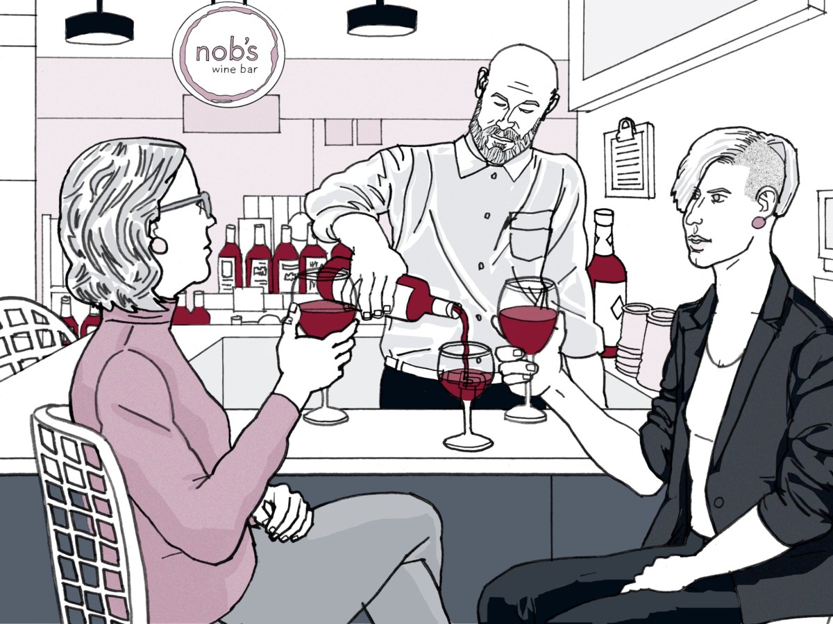 an illustration of two people sitting at a wine bar, with a bartender pouring a drink. done in mostly black, white, grey, and shades of wine red