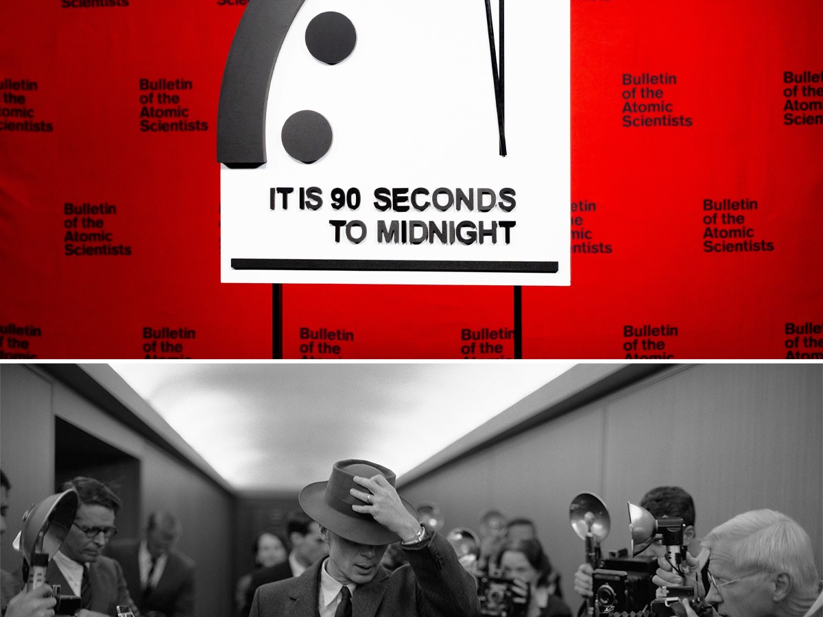 An image of the Doomsday Clock at top, and a black-and-white still from Oppenheimer at bottom, with Cilian Murphy as Oppenheimer walking down a corridor surrounded by photographers and reporters.