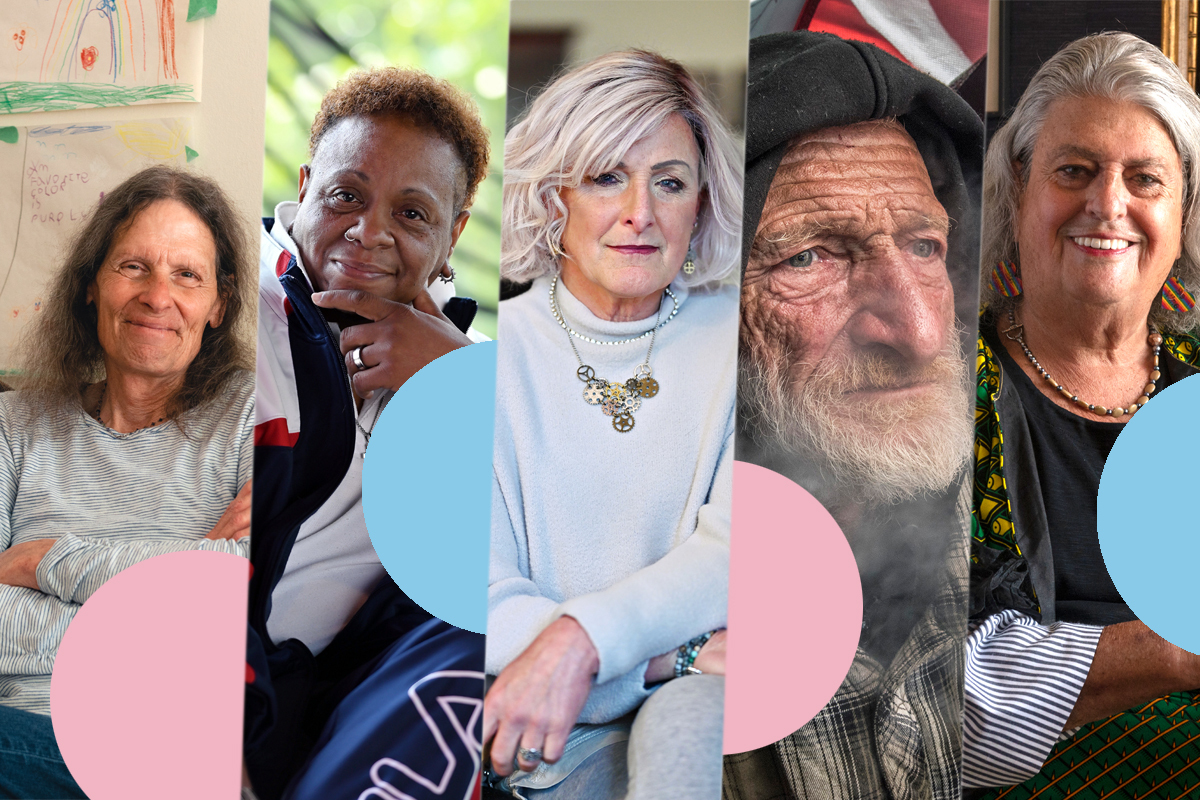 a collage of five faces of elder trans people with trans-flag pink and blue circles