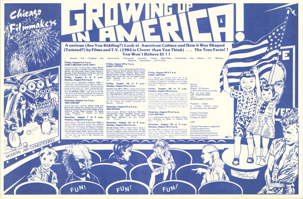 a white and blue illustrated poster with the headline Growing Up in America! and film screening details below