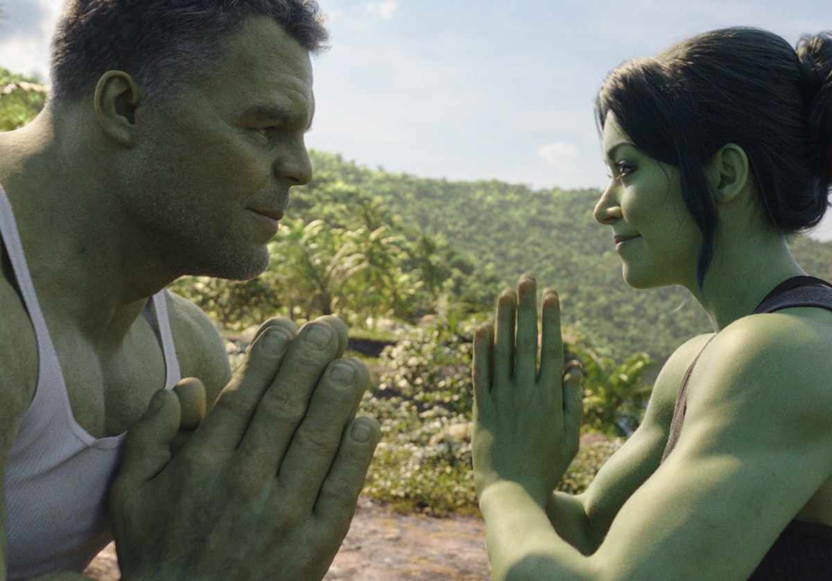 the Hulk and She-Hulk outside, facing each other with prayer hands