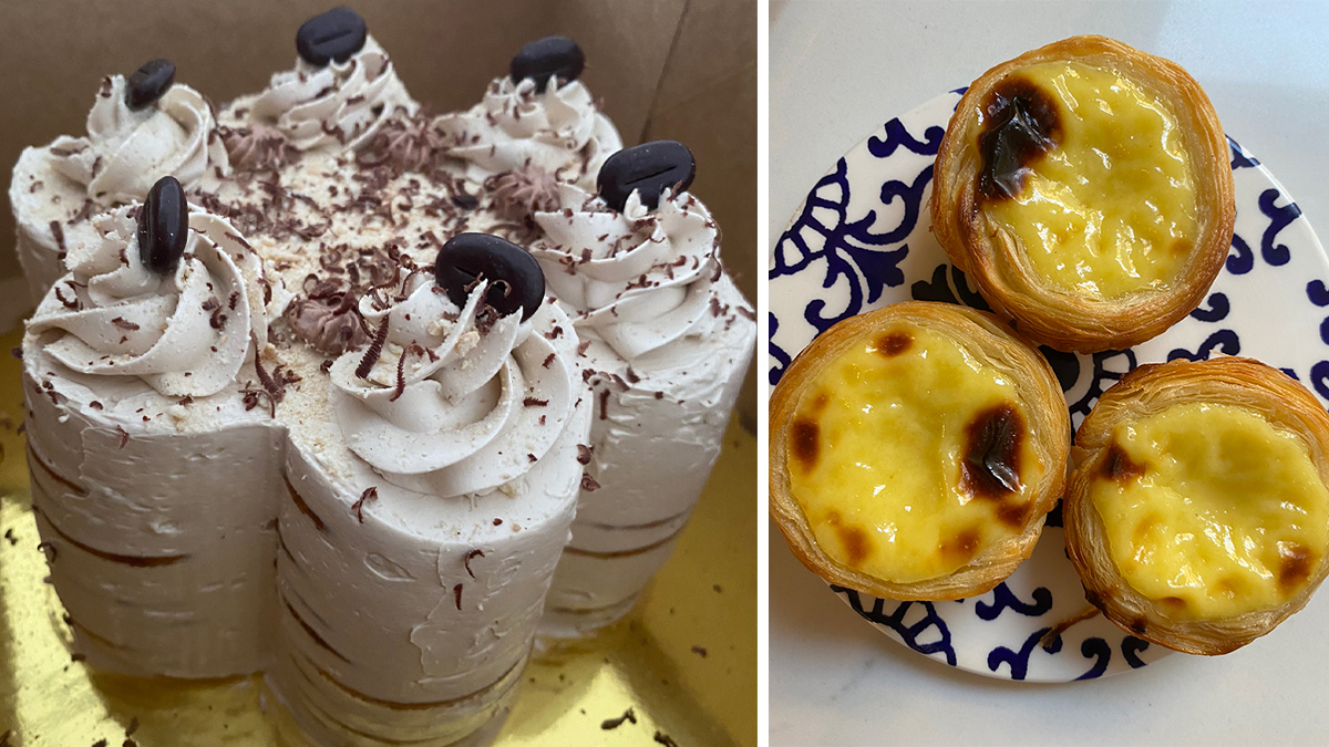 two images, a Portuguese cake with buttercream and three Portuguese egg custard tarts