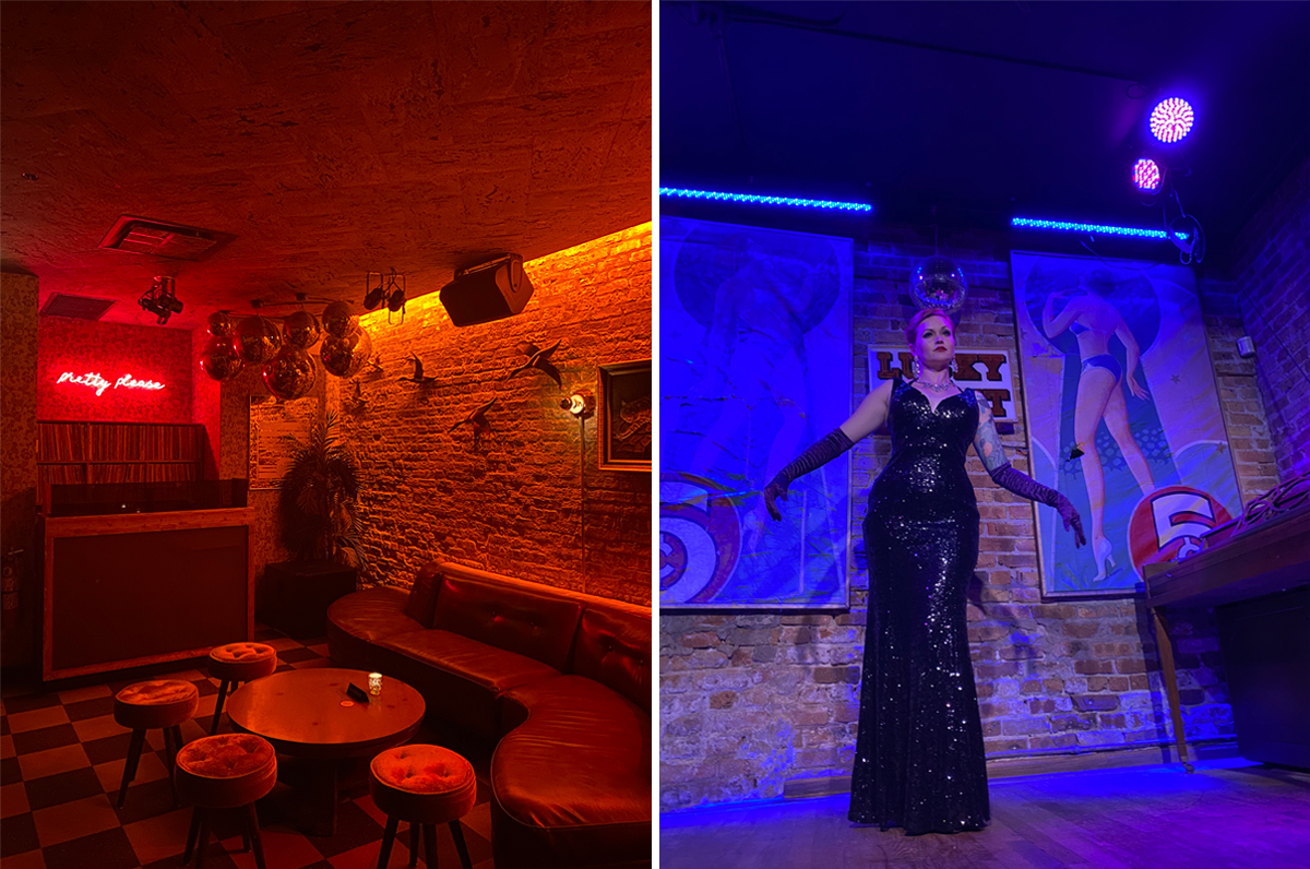 an interior shot of a red-lit speakeasy; a blue-lit 1920s-style woman performing