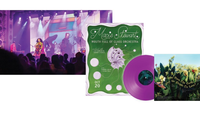 a collage of three images: hand-drawn animation projected on an onstage screen behind a live band, a concert poster, and a purple vinyl record with the back cover of its sleeve