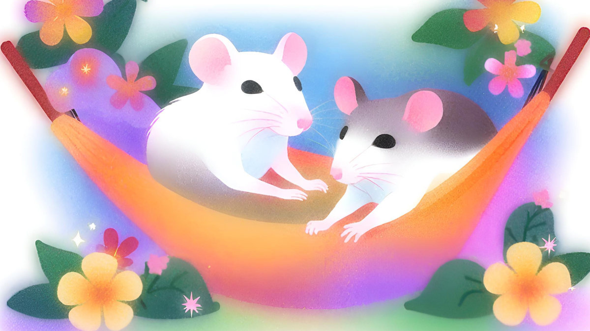 an illustration of two rats in an orange and pink hammock, surrounded by flowers