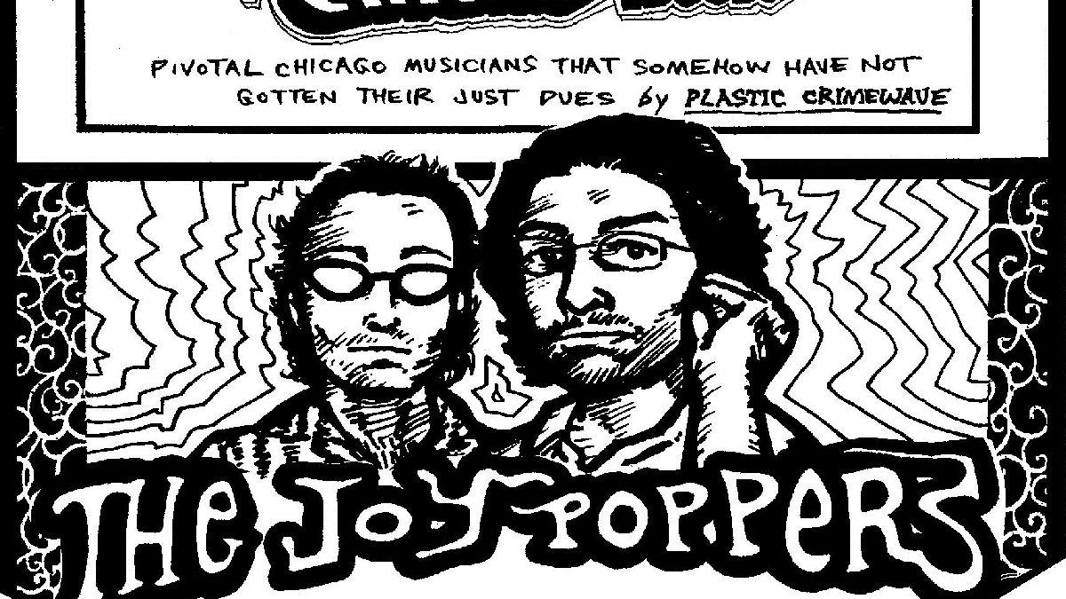 An illustration of 1990s power-pop band the Joy Poppers embedded in a cropped version of the title card for the Secret History of Chicago Music