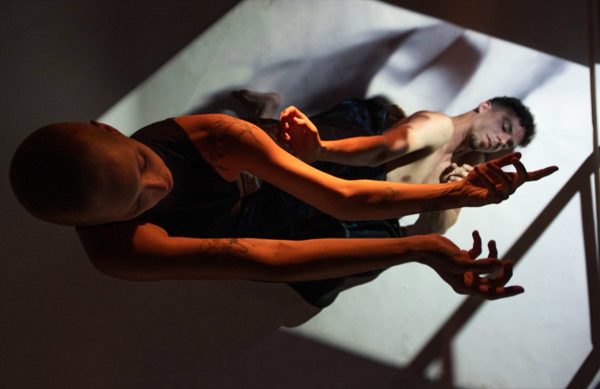 Two dancers are seen from above at a slightly distorted angle, with their arms stretching away from their bodies.