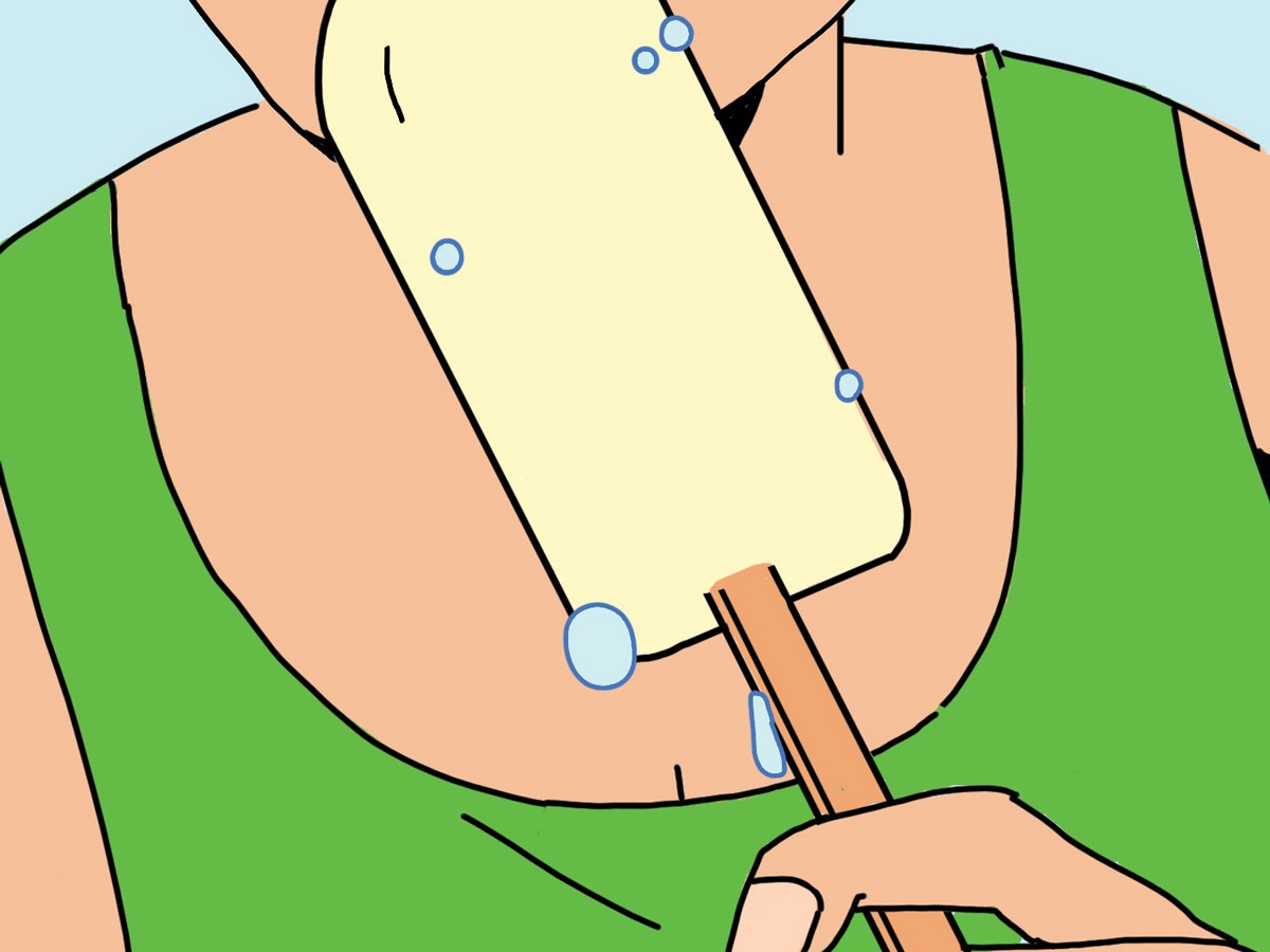 a doodle of a face taking a bite of a coconut ice pop on a stick