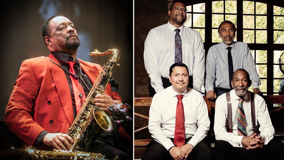 a diptych of Chico Freeman at left, playing a saxophone in a red long-sleeved shirt, and the four members of Ron Carter's group Foursight at right, all wearing light-colored dress shirts and ties