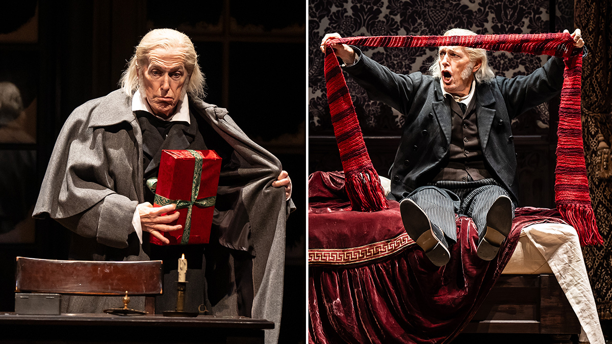 Two photos of Larry Yando as Scrooge in A Christmas Carol. On the left, he is wearing a frock coat, looking glum and tucking a wrapped present into his coat. On the right, he is sitting holding a plaid scarf up over his head with an expression of wonder on his face.