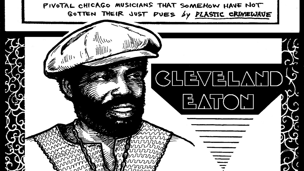 An illustration of jazz bassist Cleveland Eaton embedded in a cropped version of the title card for the Secret History of Chicago Music