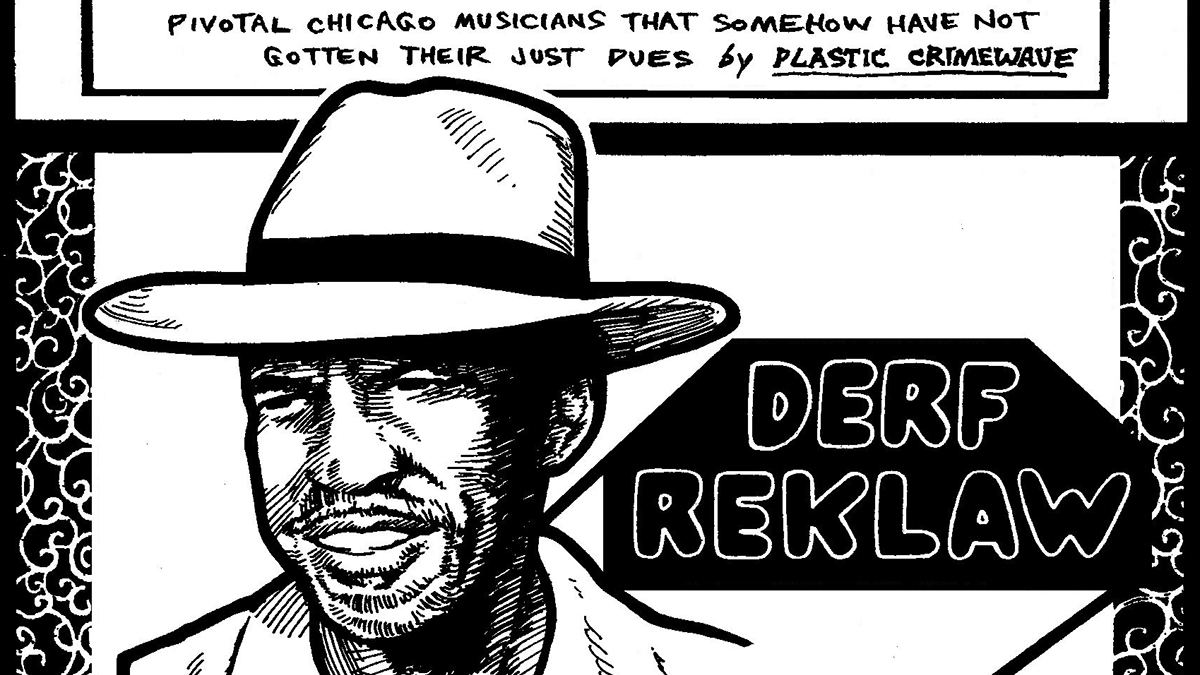 An illustration of percussionist and multi-instrumentalist Derf Reklaw embedded in a cropped version of the title card for the Secret History of Chicago Music