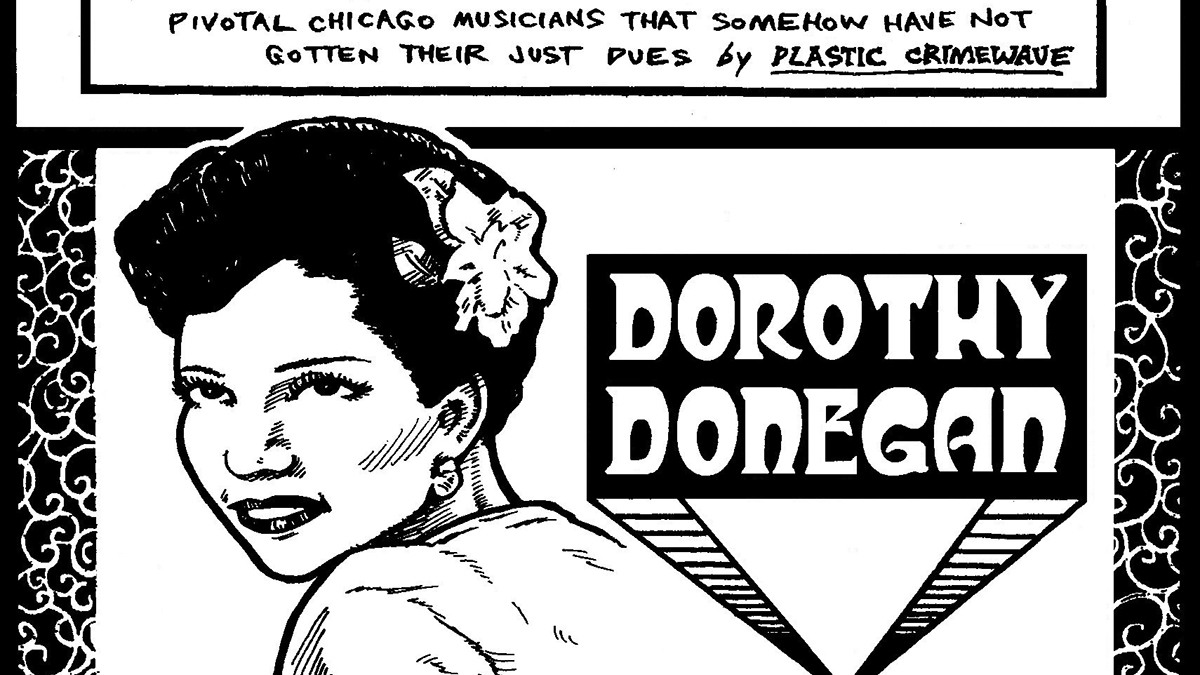 An illustration of multifaceted pianist Dorothy Donegan embedded in a cropped version of the title card for the Secret History of Chicago Music