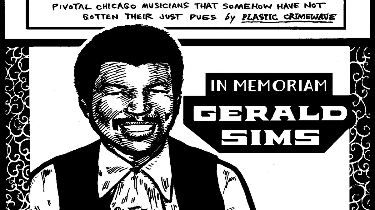 An illustration of producer, songwriter, and guitarist Gerald Sims embedded in a cropped version of the title card for the Secret History of Chicago Music