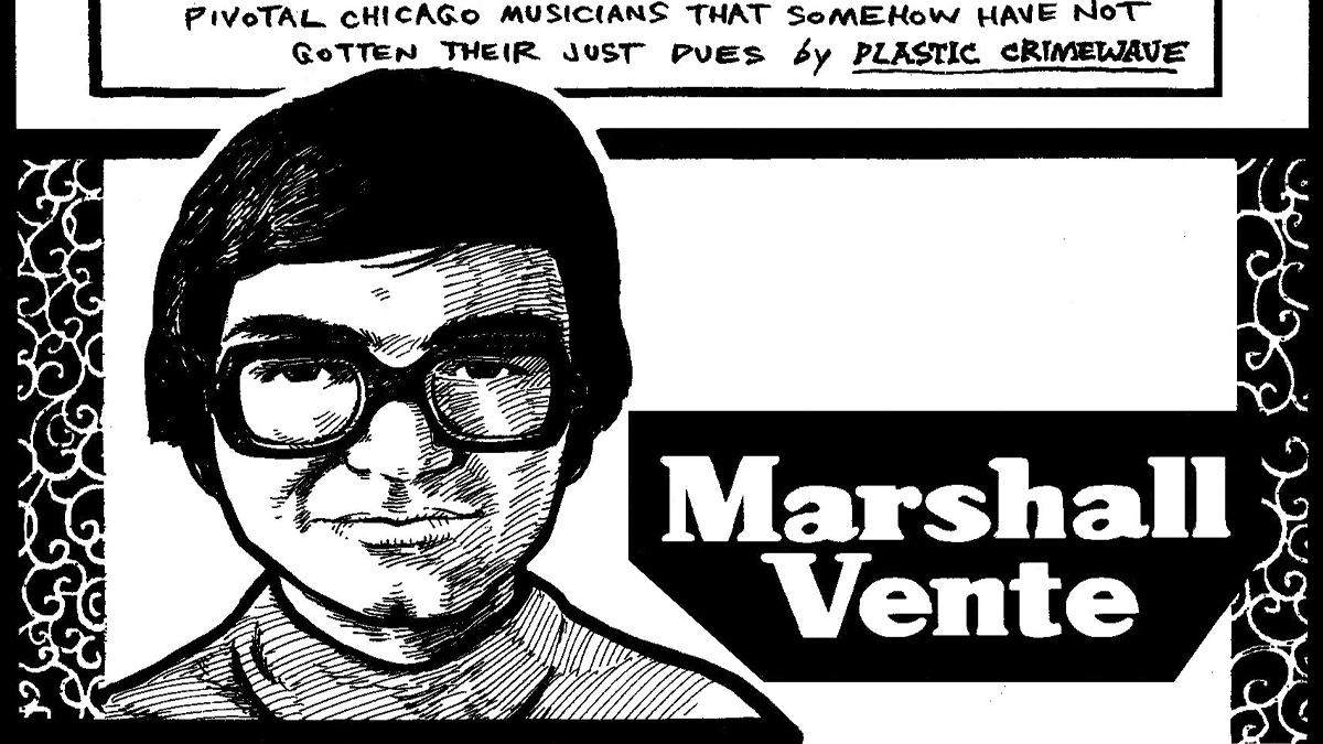 An illustration of jazz pianist Marshall Vente embedded in a cropped version of the title card for the Secret History of Chicago Music