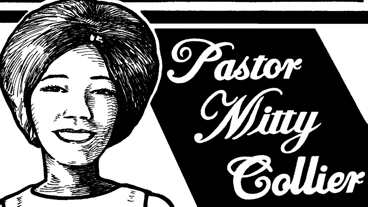 An illustration of 1960s soul singer Mitty Collier embedded in a cropped version of the title card for the Secret History of Chicago Music, which identifies her as Pastor Mitty Collier in deference to her current calling