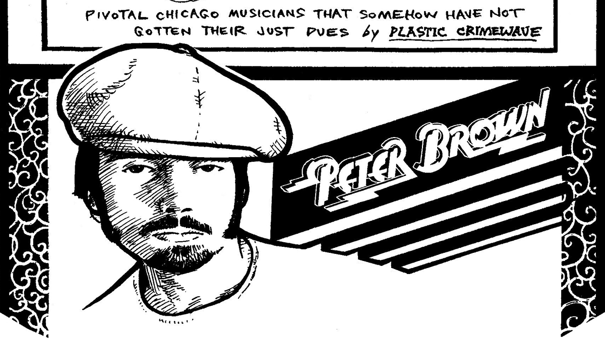 An illustration of disco artist Peter Brown embedded in a cropped version of the title card for the Secret History of Chicago Music