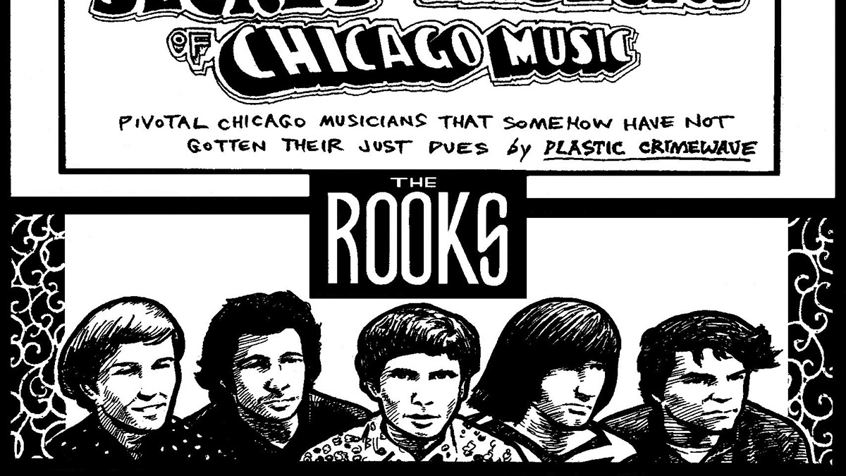 An illustration of late-60s garage band the Rooks embedded in a cropped version of the title card for the Secret History of Chicago Music