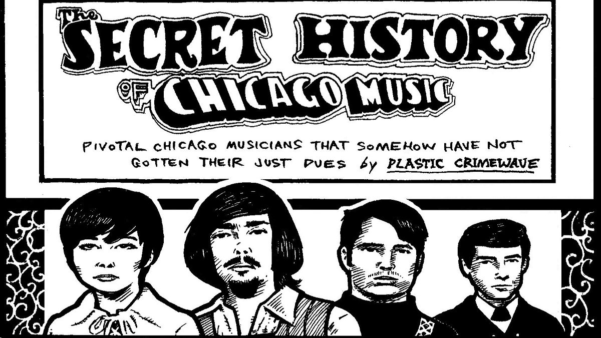 An illustration of 1960s garage-rock band Society's Children embedded in a cropped version of the title card for the Secret History of Chicago Music