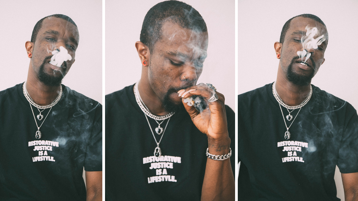 a triptych of rapper CantBuyDeem smoking and wearing a black T-shirt that reads "Restorative Justice Is a Lifestyle"