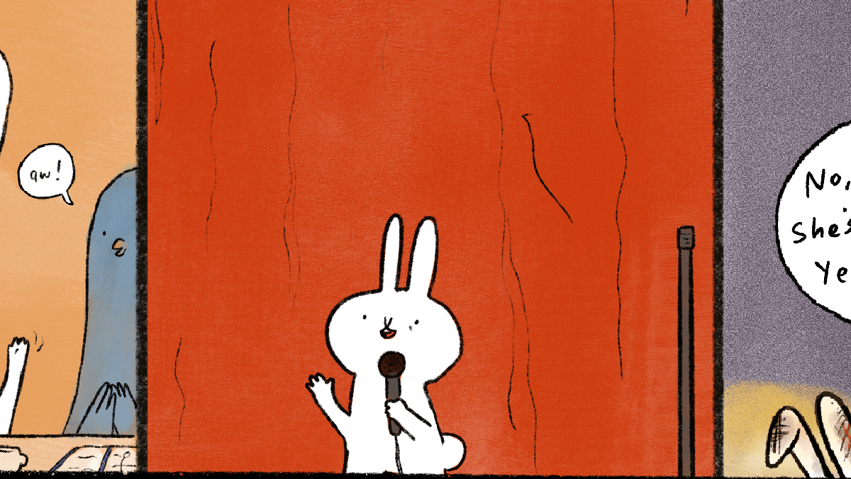 an illustration of a rabbit holding a microphone and doing stand up comedy