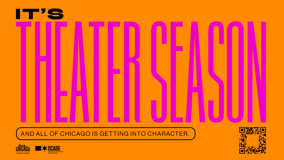 Logo for the Theater Season campaign with the words Theater Season in all caps in pink on an orange background.