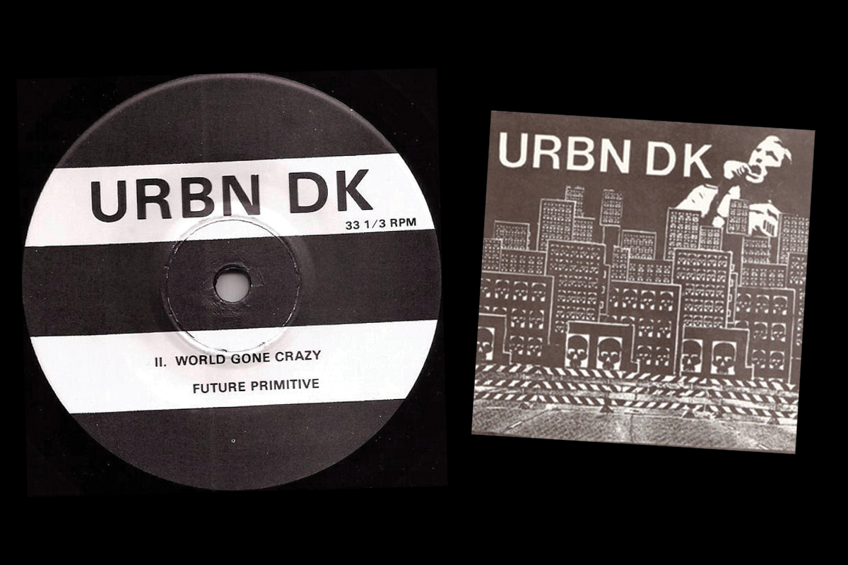 The B side hub label and front cover of the 1982 debut seven-inch by URBN DK