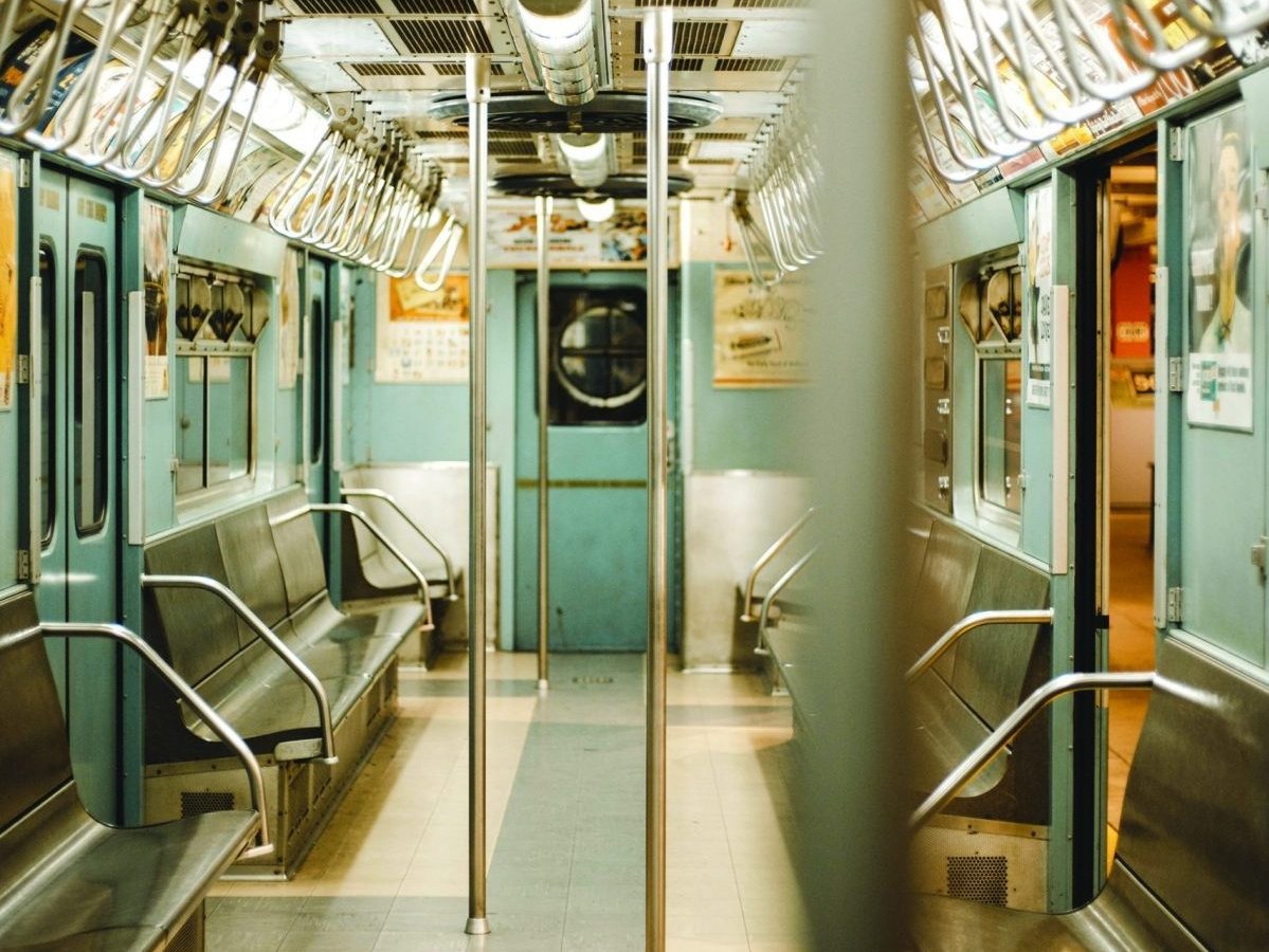the view inside of a new york city subway car