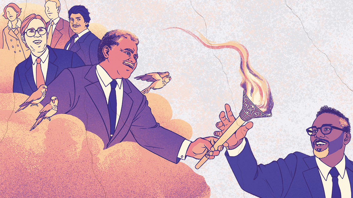 illustration of Harold Washington, Rob Mier, and other passed-on politicians handing a torch to Brandon Johnson